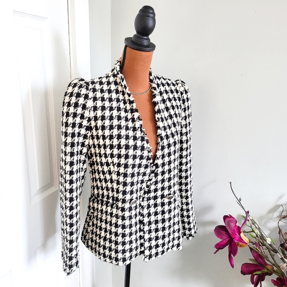 ZARA DOUBLE BREASTED TWEED FRINGE HOUNDSTOOTH BLAZER - Picture 3 of 12